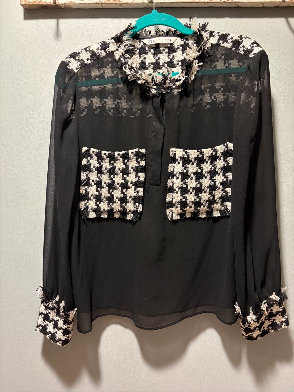 Zara Black Sheer Blouse with Black and White Houndstooth Tweed Accents